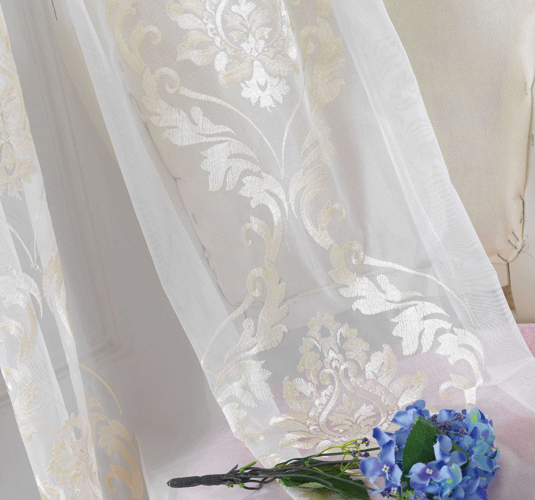 定宽买高窗帘布绣花窗纱欧式美式客厅高窗别墅无限高窗纱成品窗帘