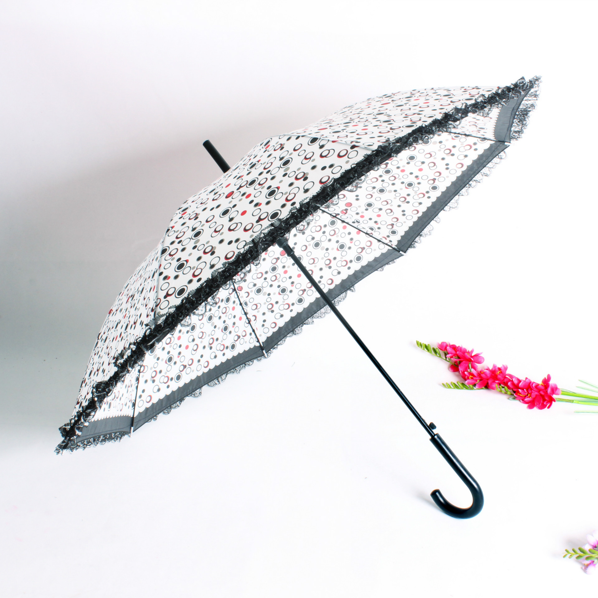 圆点裙边蕾丝直杆伞 花碰击弯柄晴雨伞 礼品伞