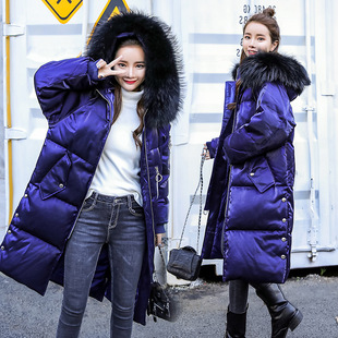 深蓝色长款毛领羽绒服