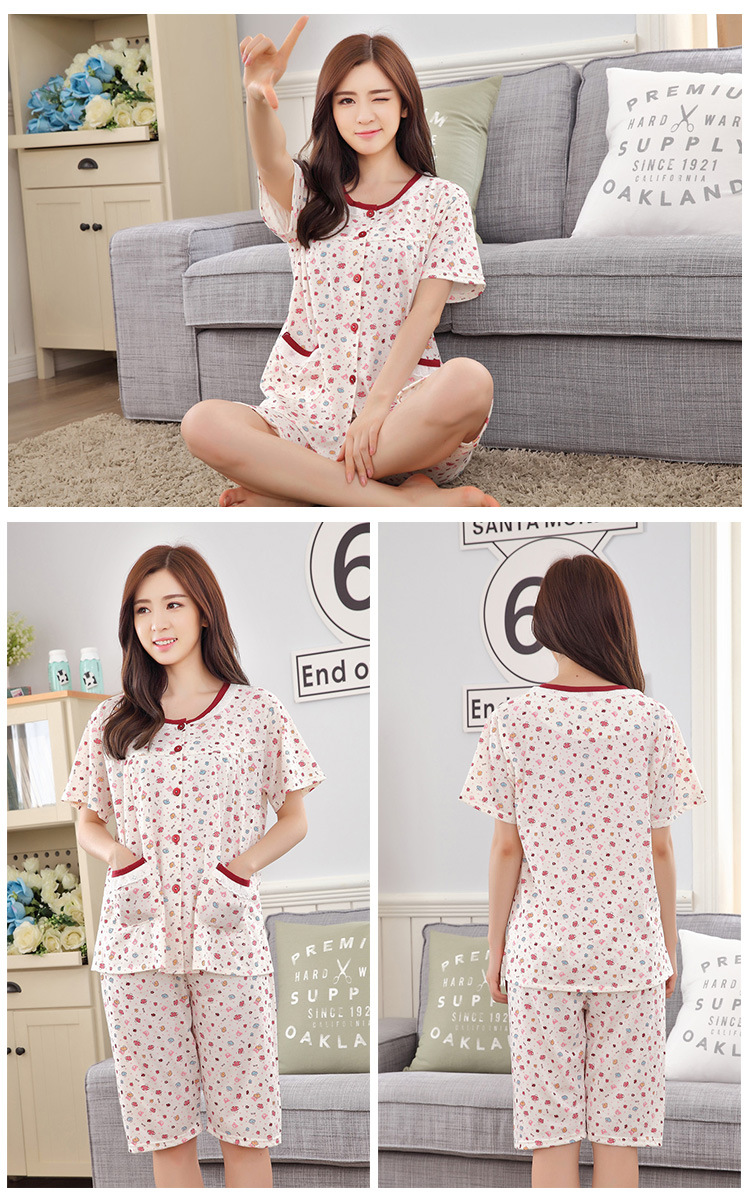 夏季薄款针织棉妈妈睡衣女短袖家居服套装含