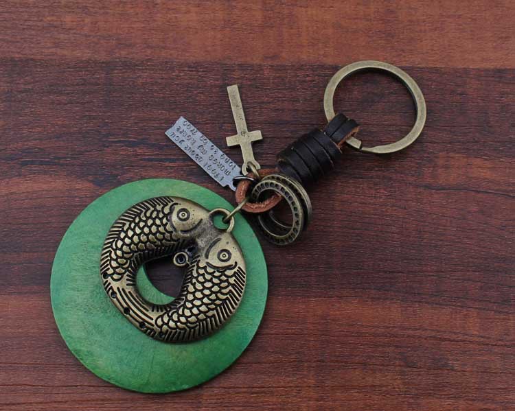 复古青铜双鱼挂件编织牛皮钥匙扣克创意钥匙扣男女小礼品批发