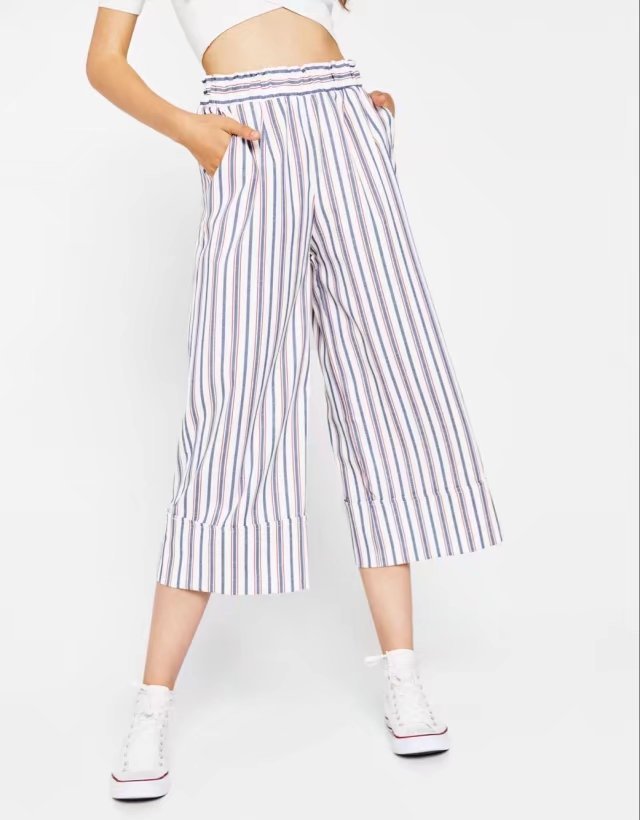 2017春夏新款欧洲站条纹阔腿裤 女士条纹裤子 wdl1137