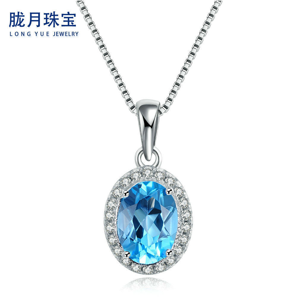 925纯银彩宝首饰 天然瑞士蓝托帕石吊坠项链 白金微镶 工厂批发