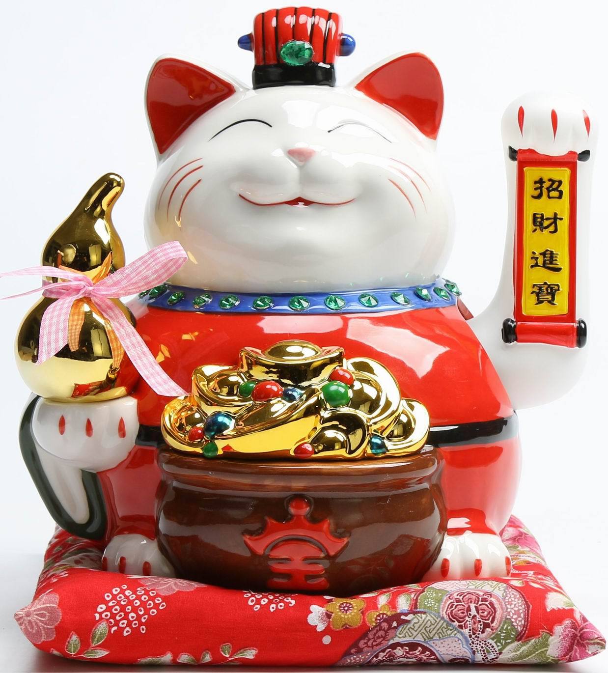 万亿堂中国风陶瓷摇手招财猫 11寸聚宝盆开业礼品摆件