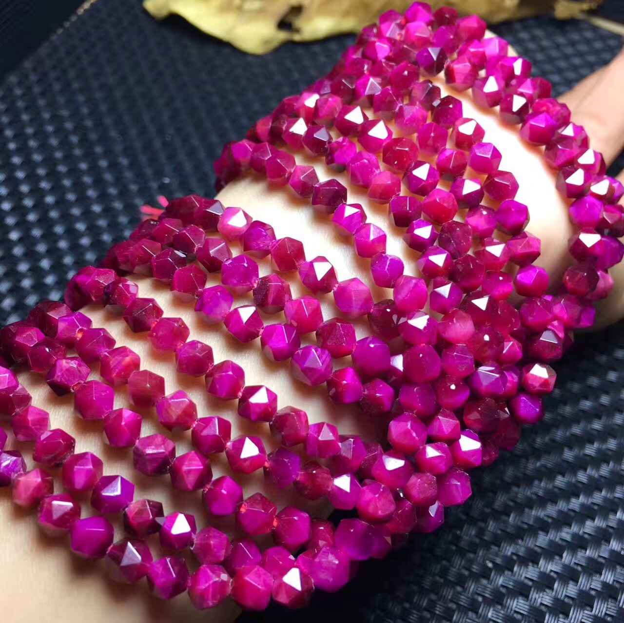 天然玫红虎眼石 玫红木变石钻石切面长链 佛珠手串 diy 厂家批发