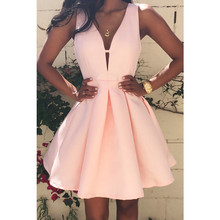 速卖通Ebay热卖露背拉链深V领无袖粉色性感时尚新款连衣裙