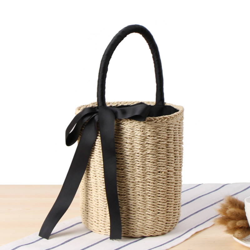 New Cylinder Hand Carrying Straw Bag Summer Vacation Woven Bag Portable Bucket Ribbon Leisure Bag