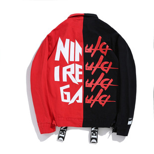 2017新款国潮嘻哈高街kanye宽松oversize撞色英文牛仔衫夹克外套