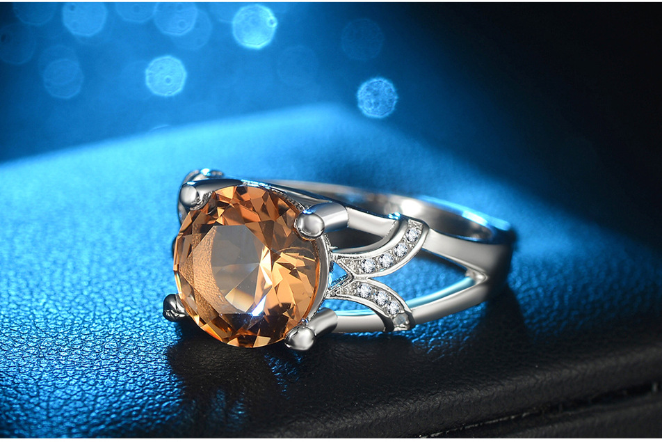 欧美流行微镶锆石香槟色水晶圆形戒指 镀925银镀白金指环饰品