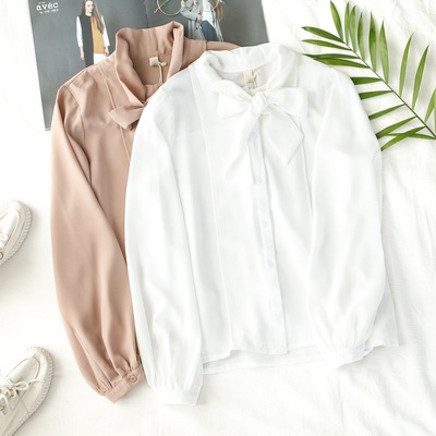 秋季新款女装优雅气质显瘦蝴蝶结系带长袖雪纺衬衫女011410