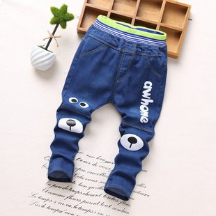 1件代发207年春季新款中小童男童长裤爆款卡通小熊印花牛仔裤