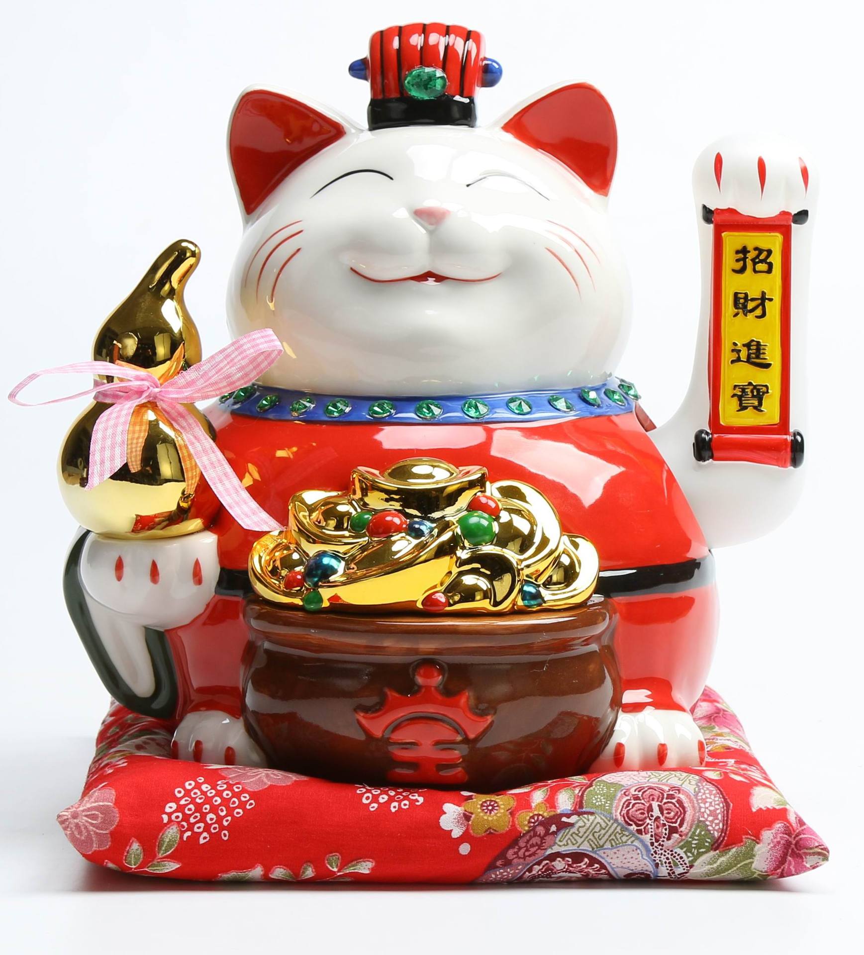 万亿堂中国风陶瓷摇手招财猫 11寸聚宝盆开业礼品摆件