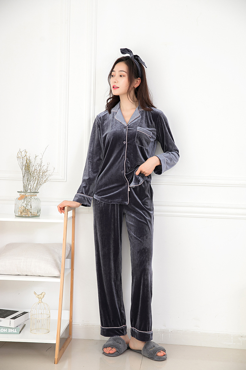 2020春季爆款金丝绒睡衣女送头套情侣套装男士丝绒家居服批发代发