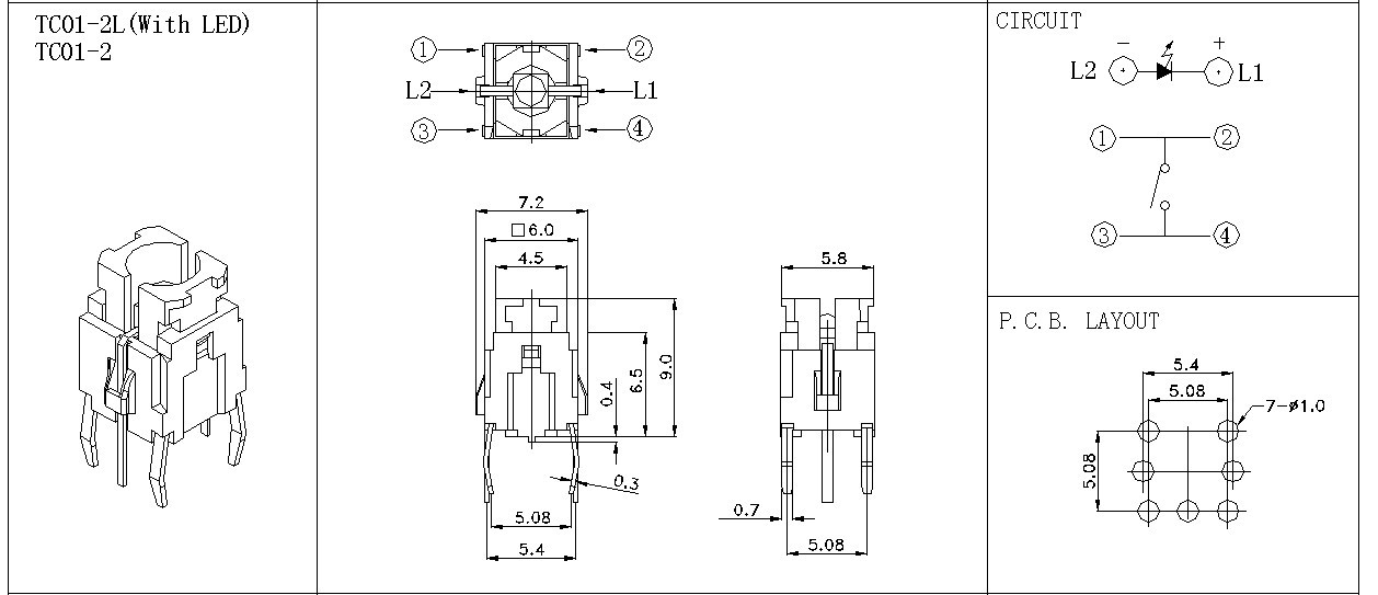 红灯黑架带灯直插6脚带灯侧按自锁带灯开关5脚7.2mm*6.5mm定制