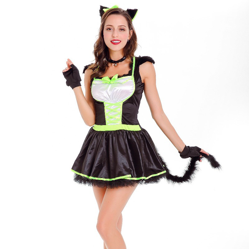 万圣节成人绿色猫女服装cos化妆舞会派对猫女郎表演演出服含尾巴