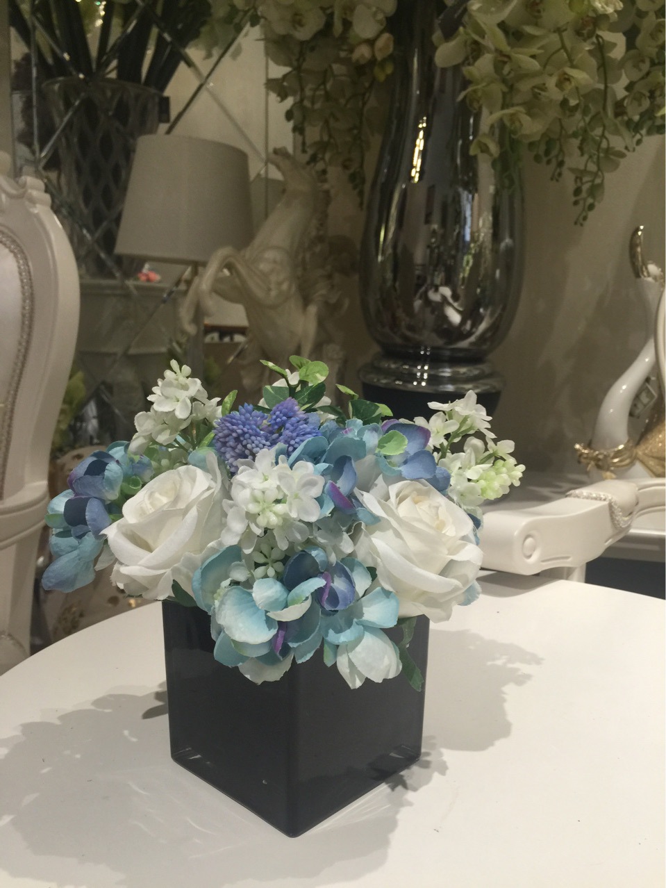 蓝白配色仿真花套装整体花艺桌花样板间摆件