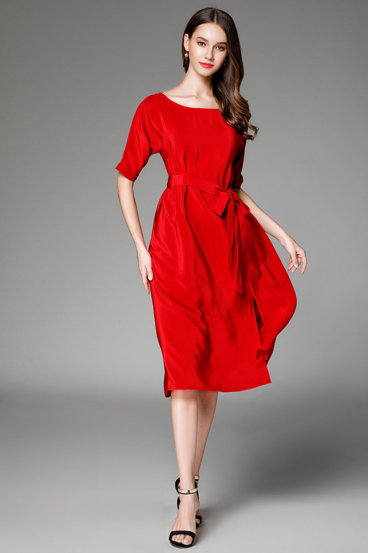 夏季新款重磅真丝连衣裙 五分袖系带开叉纯色桑蚕丝宽松显瘦长裙