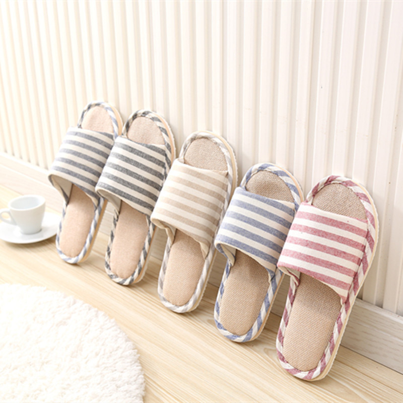 Striped Linen Couple Non-slip Soft Soled Slippers