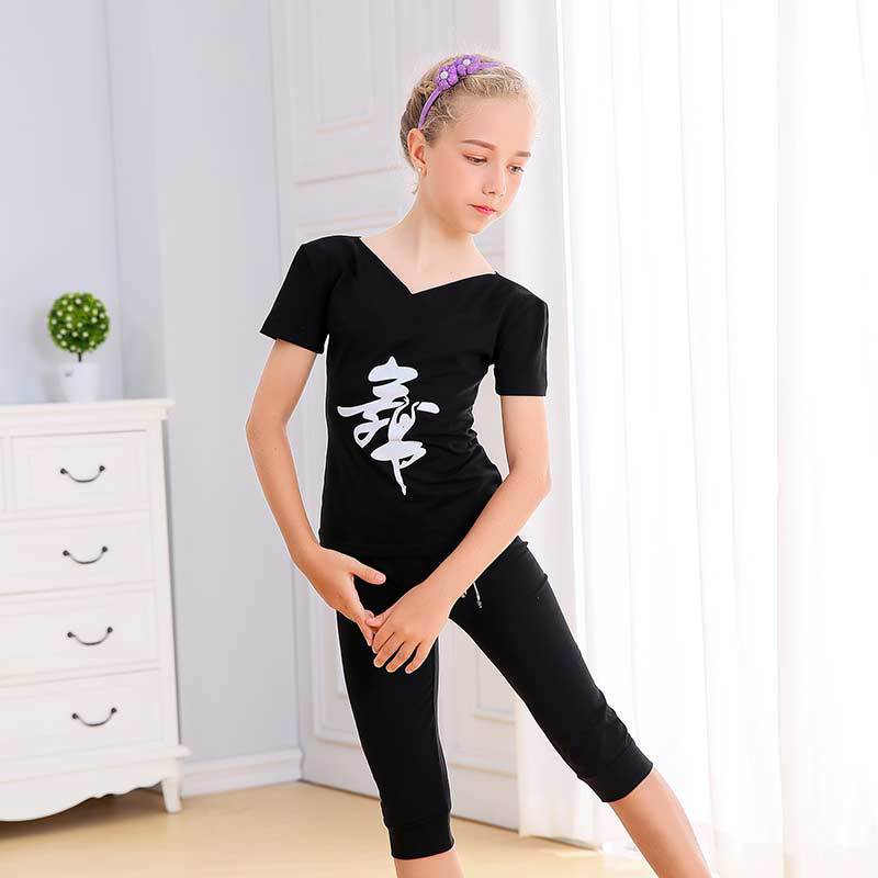 舞蹈服儿童男女童练功服套装v领短袖夏季中国舞棉拉丁舞服装