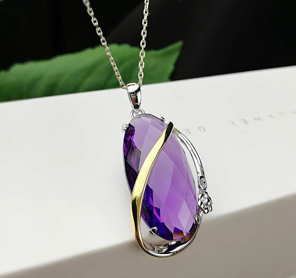 2019新品s925银时尚紫水晶绿水晶挂件项链奢华原创白水晶吊坠女款