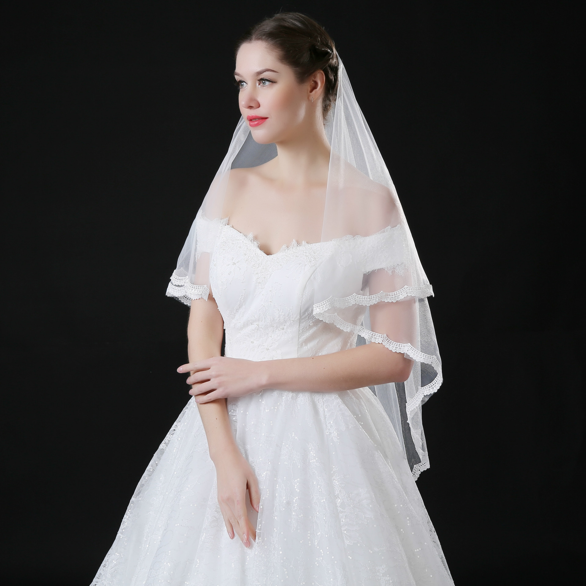 直销新款婚纱韩式公主蕾丝甜美头纱 批发新娘结婚纱短款简约头纱