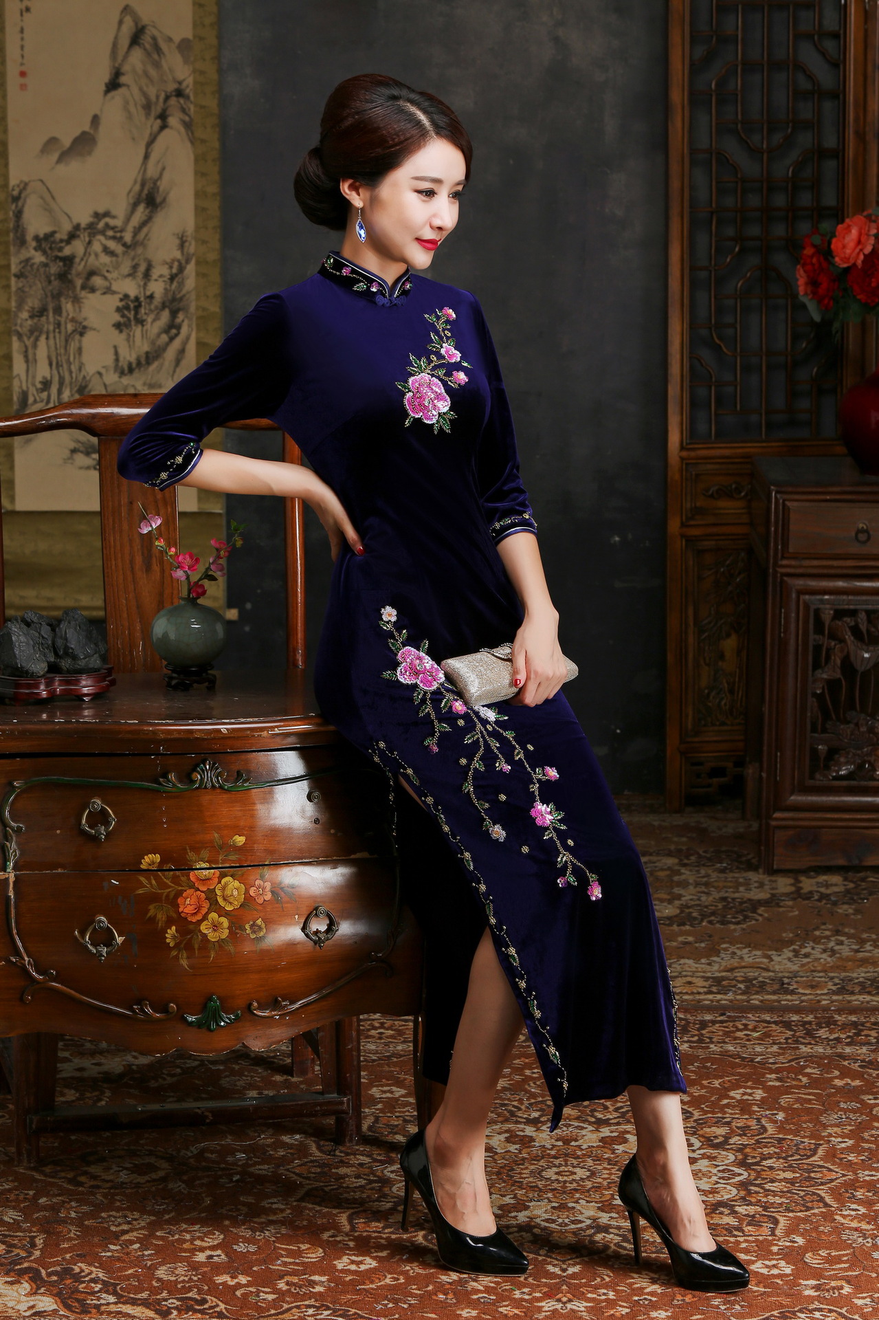 高开叉七分袖丝绒旗袍裙 女式修身显瘦旗袍 复古长款改良旗袍