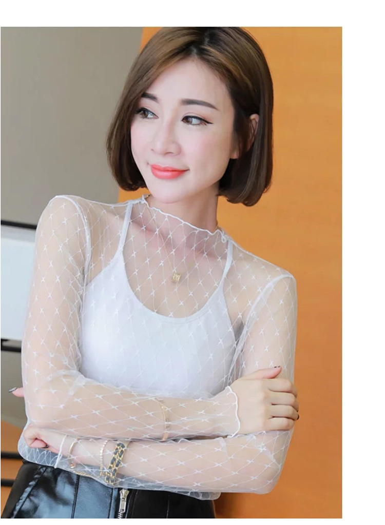 性感透明网纱打底衫女长袖新款百搭韩版打底透视衣显廋长袖蕾丝衫