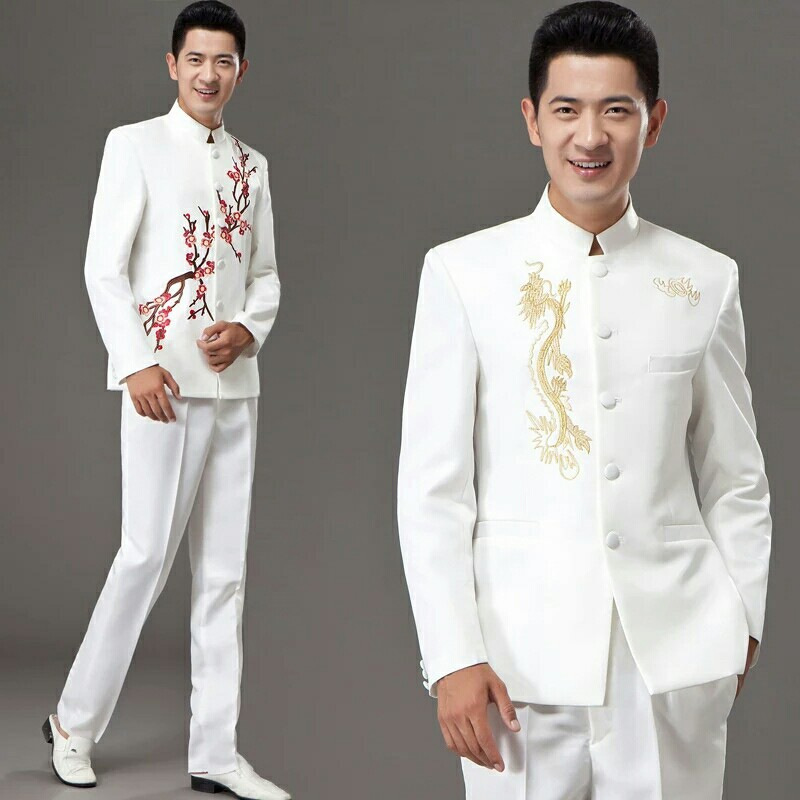 批发青花瓷演出服舞台古典舞蹈服短款礼仪旗袍女迎宾颁奖大合唱男