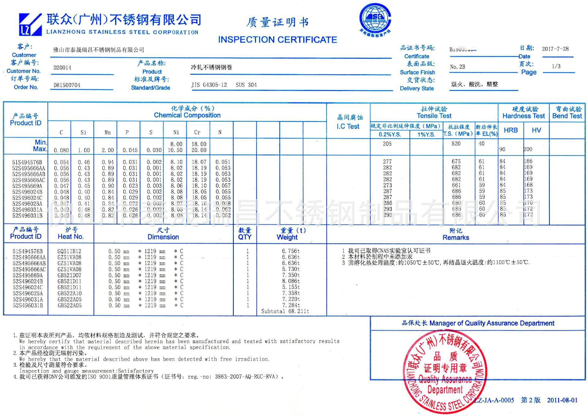 质量证明书