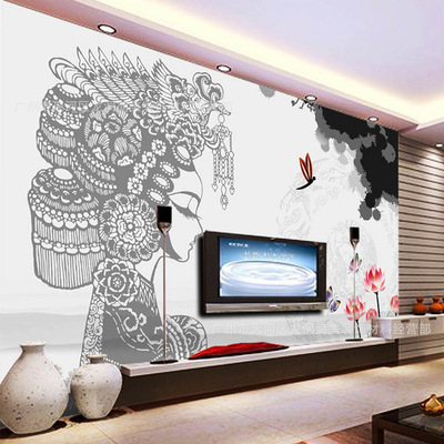 中式装修壁画游园惊梦京剧水墨中国风壁纸客厅卧室电视背景墙纸