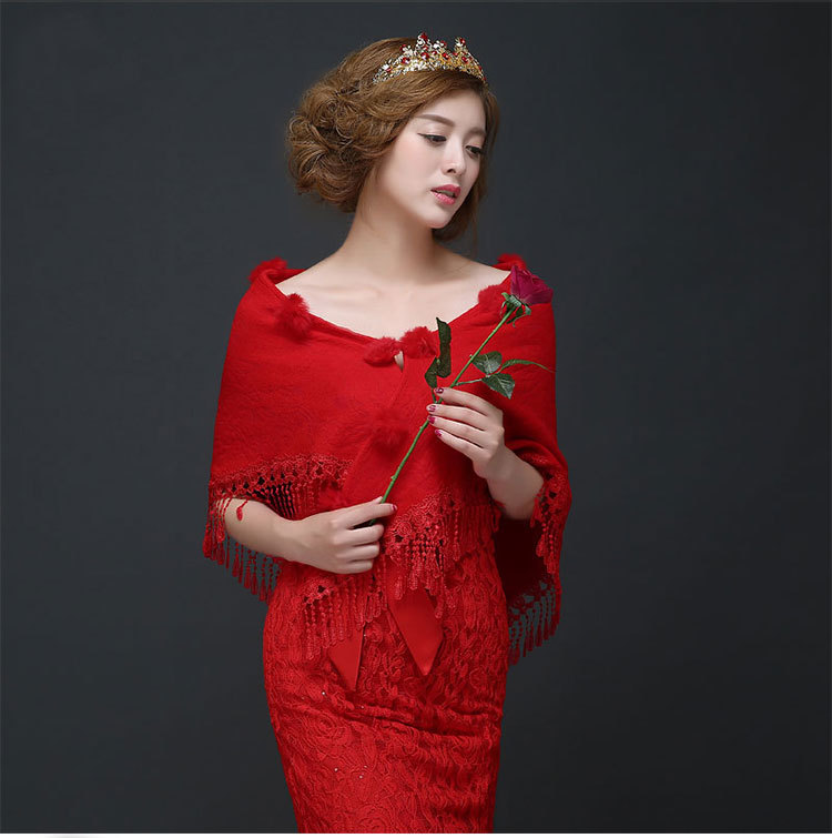 新娘披肩秋冬季结婚红色披肩旗袍斗篷外套婚纱礼服毛披肩保暖大码