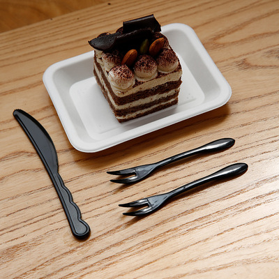 厂家直销 盘叉组刀叉一次性环保塑料二齿叉 蛋糕甜点刀叉盘套装