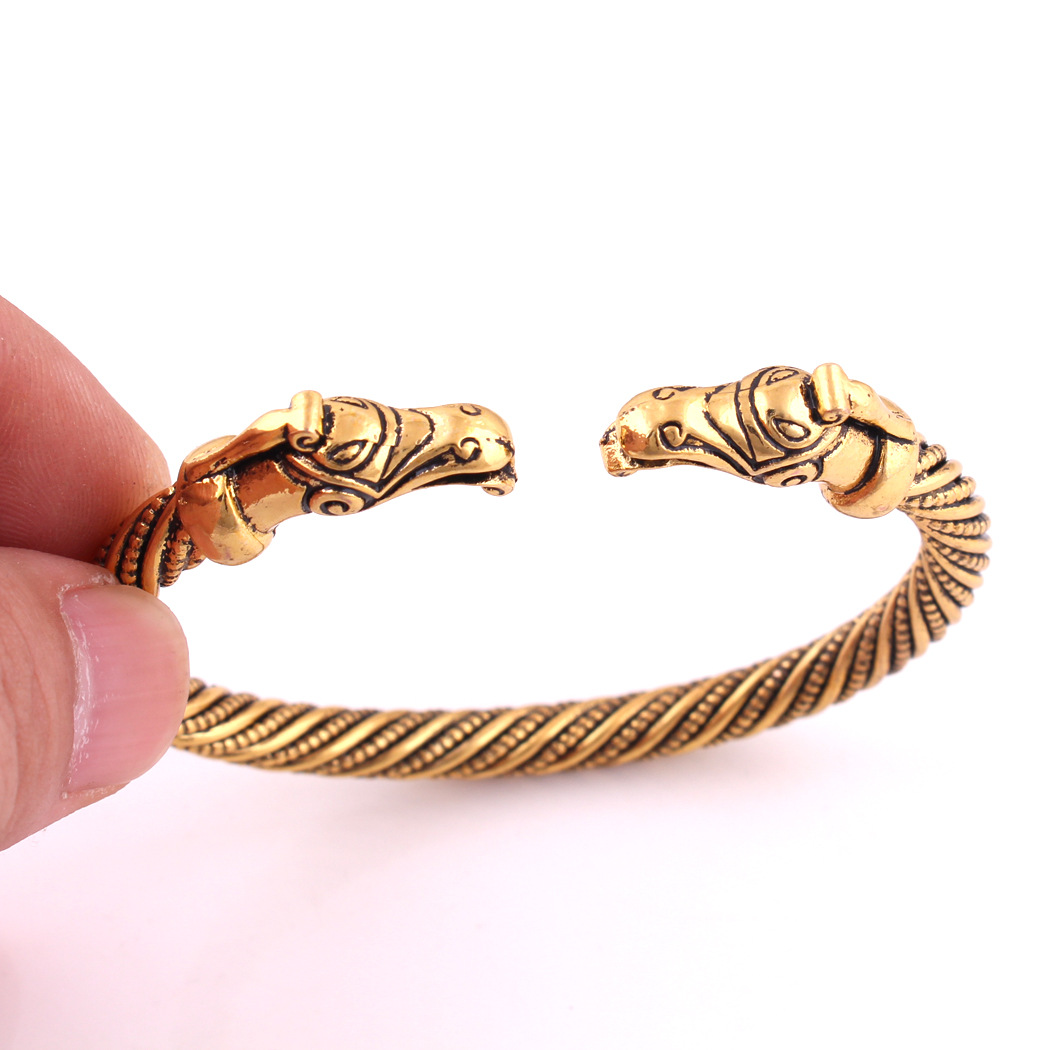 尺寸可调节 锌合金电镀古金色 开口动物头手镯