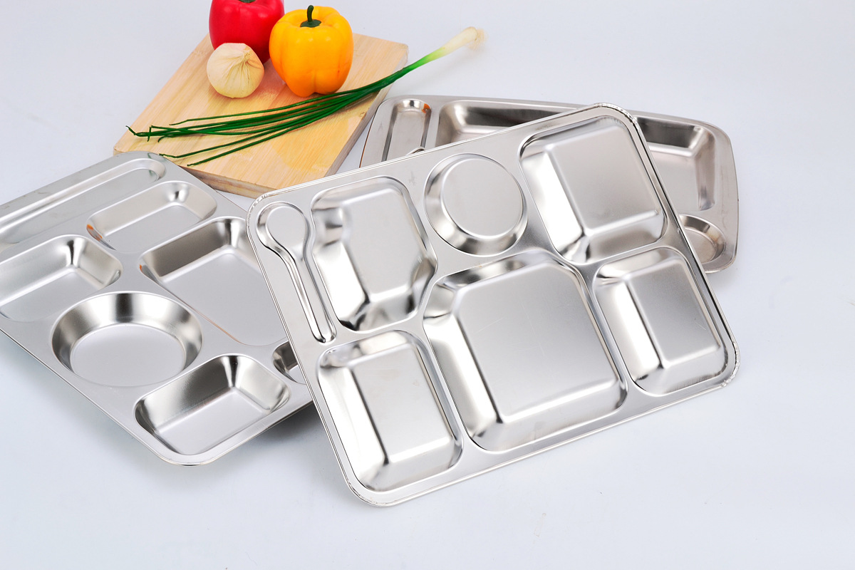 批发学校员工食堂餐具套装不锈钢快餐盘无磁加深大六格分格饭盘子