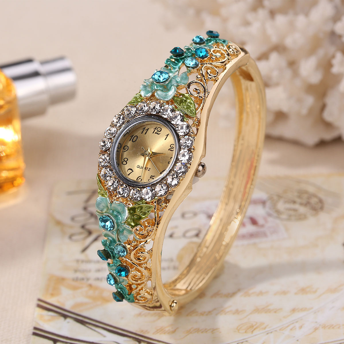 Wish Popular Products Vintage Cloisonne 3D Flower Blooming Rich Women's Wrist Watch Women's Fashion Bracelet Quartz Watch