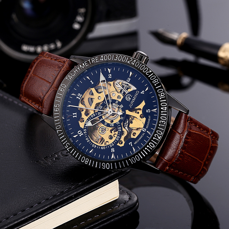 junming镂空大表盘防水皮带男士全自动机械表时尚商务手表学生表