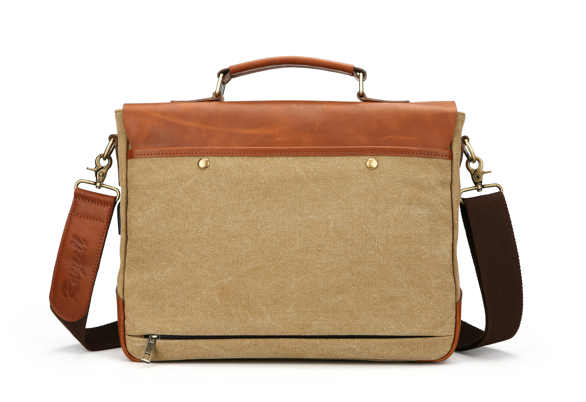 此款帆布配疯马皮包可用来样定做,款式颜色多种多样,可以插到拉杆箱上