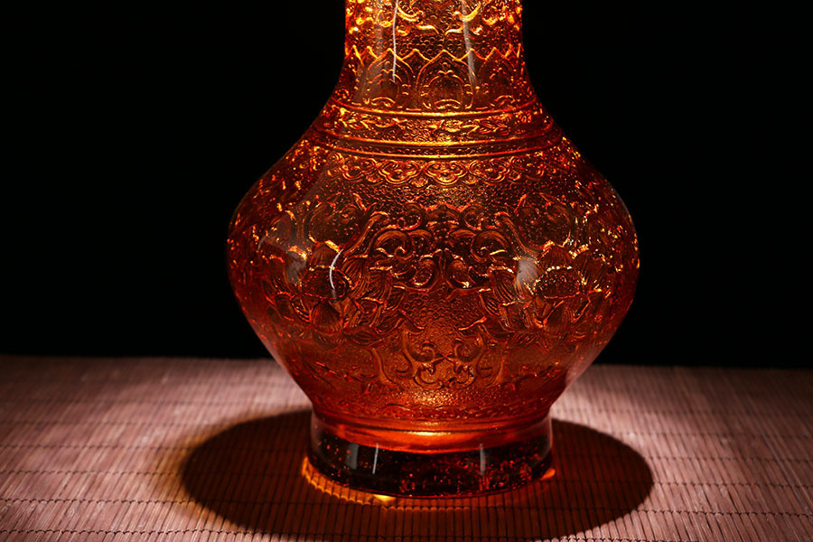 圆通佛具佛前供具古法琉璃内雕莲花花瓶 花尊