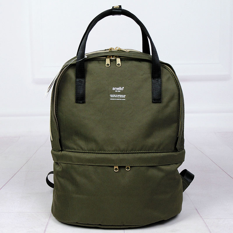 日本乐天帆布双层双肩包男女黑色背包分层多个口袋包妈咪学生包