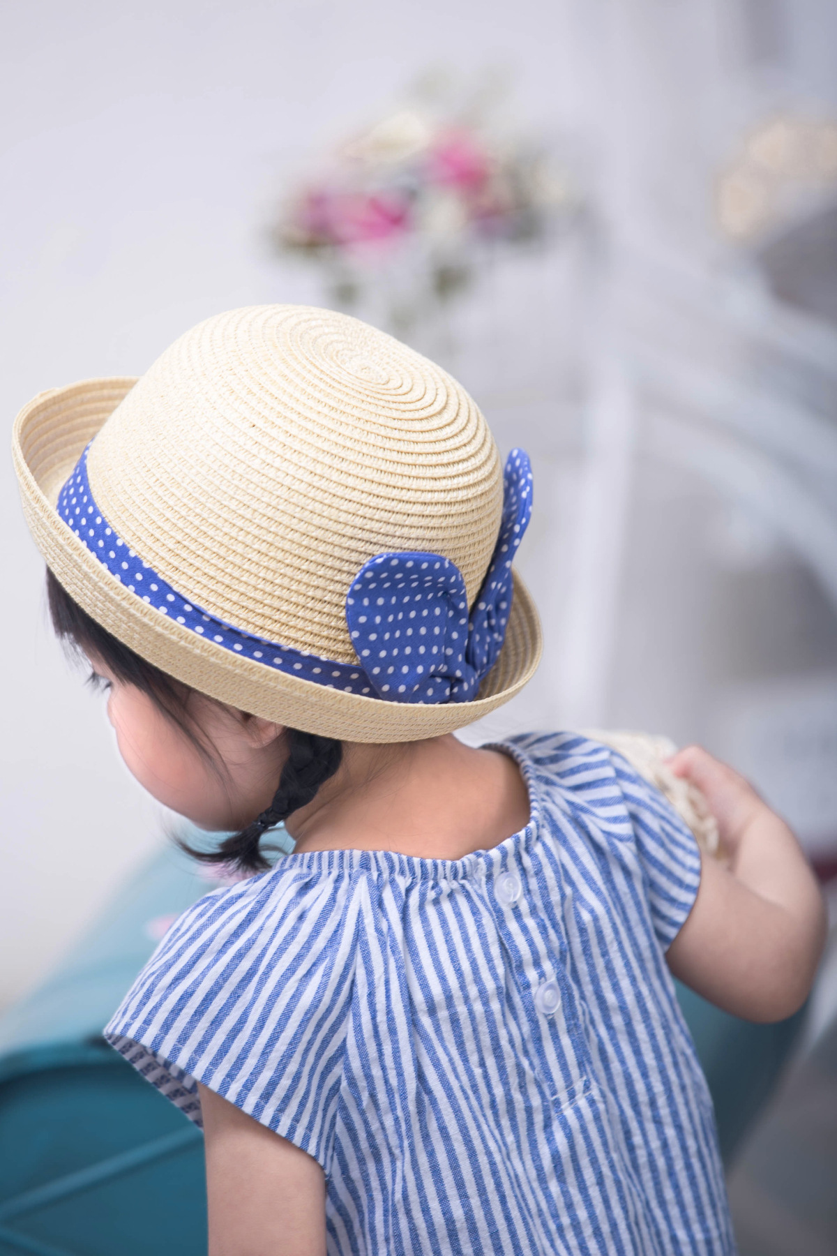 蓝色波点蝶翅 儿童草帽童夏帽童帽 非常漂亮的 草帽款