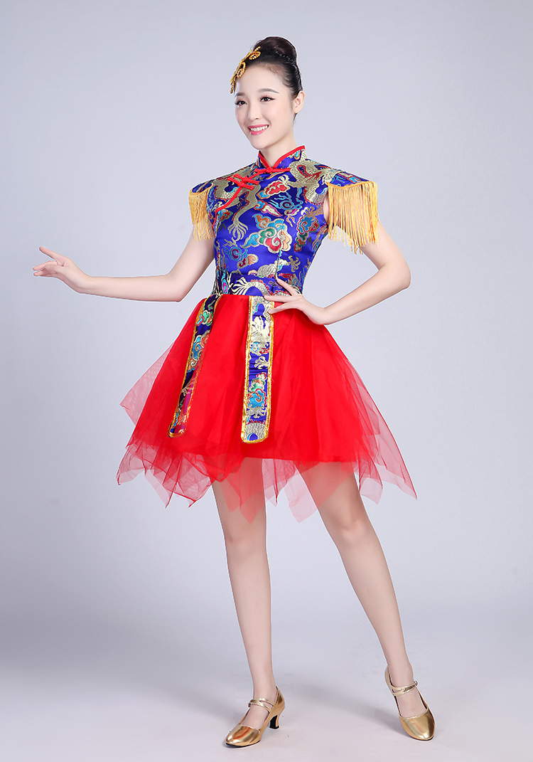 打鼓水鼓舞蹈服装现代开场舞中国风民族伴舞演出服成人女流苏纱裙