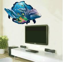 墙贴批发海豚3D立体感墙贴客厅墙壁贴纸海洋贴画卡通XH9215