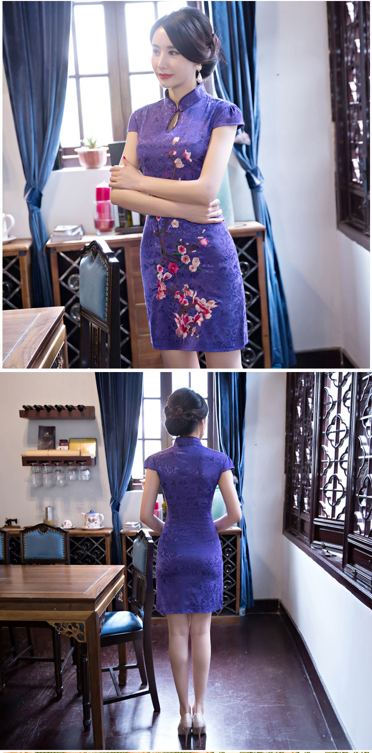 夏季新款女式日常改良旗袍中式刺绣立领修身短袖开叉旗袍连衣裙潮