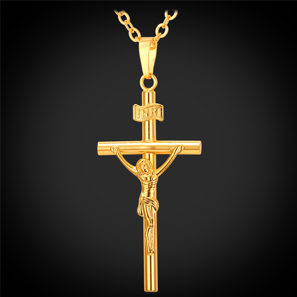 欧美镀金耶稣吊坠简约十字架项链 亚马逊跨境基督教饰品批发 p208