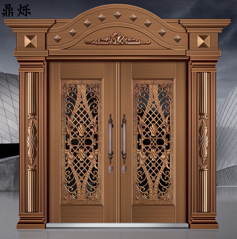 时尚别墅客厅铝板拼接门 仿真铜锌合金非标门 双开进户防盗玻璃门