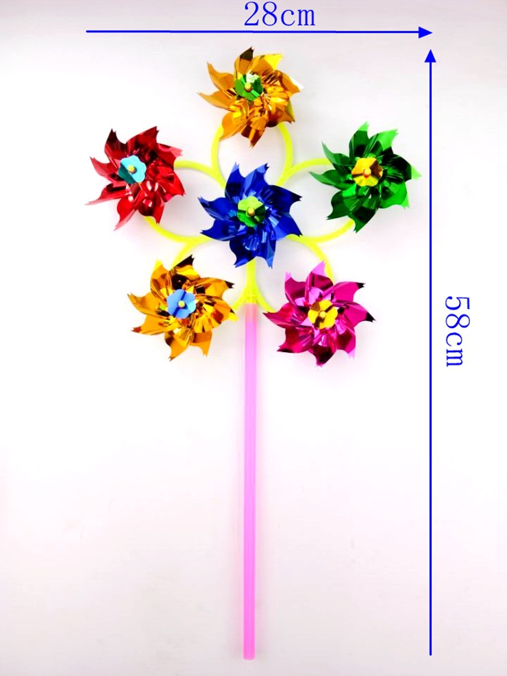 六朵亮片花风车七彩塑料彩色传统小风车广场地摊儿童玩具批发