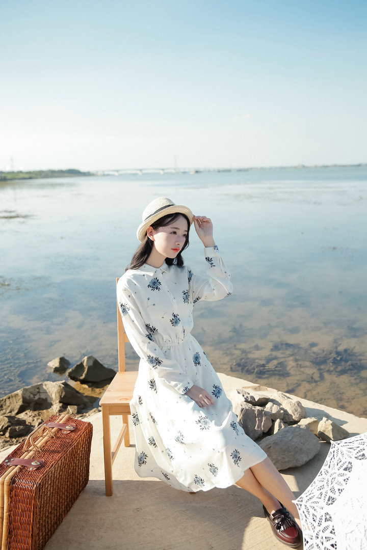 小清新衬衣领连衣裙森女系学生复古收腰白色印花中长款大摆裙仙