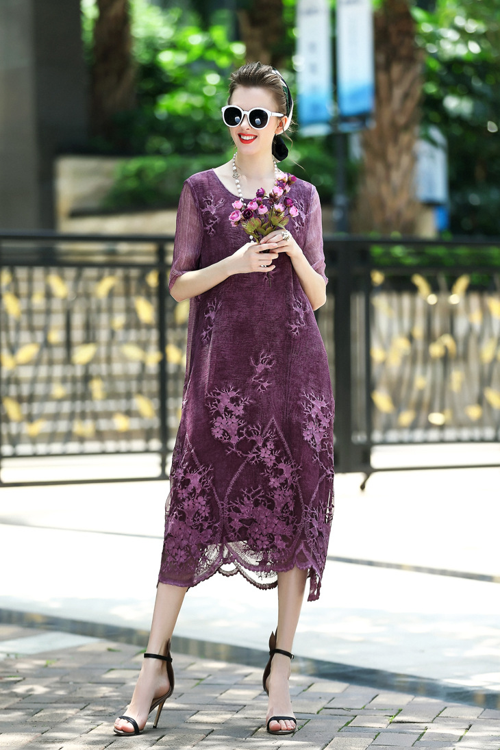 100%桑蚕丝女装新款 高档刺绣妈妈装炒色真丝连衣裙长裙 2017夏