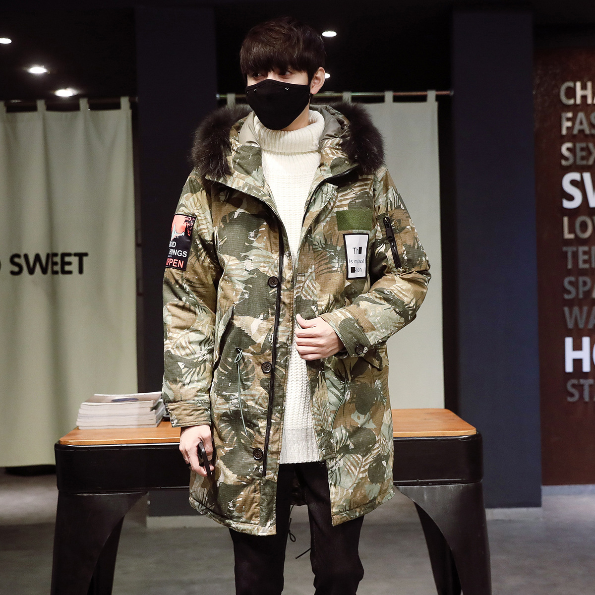 冬装新品长款棉衣大毛领加厚迷彩棉服外套-阿里巴巴