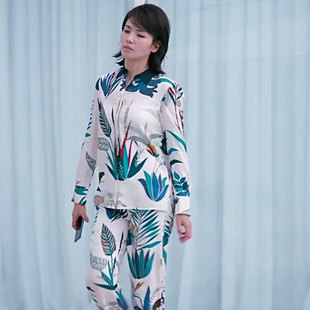 韩新欢乐颂安迪同款冰丝绸印花女长袖长裤衬衫领夏家居服睡衣套装